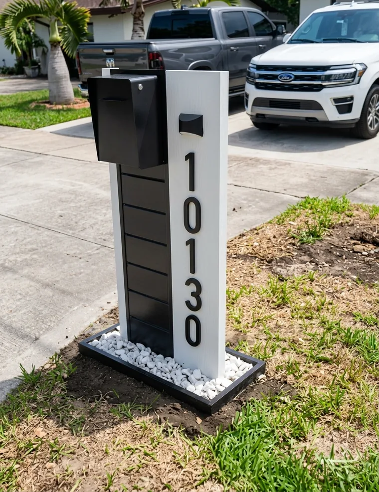 Buzón negro sobre pedestal con número de casa 10130 en aluminio