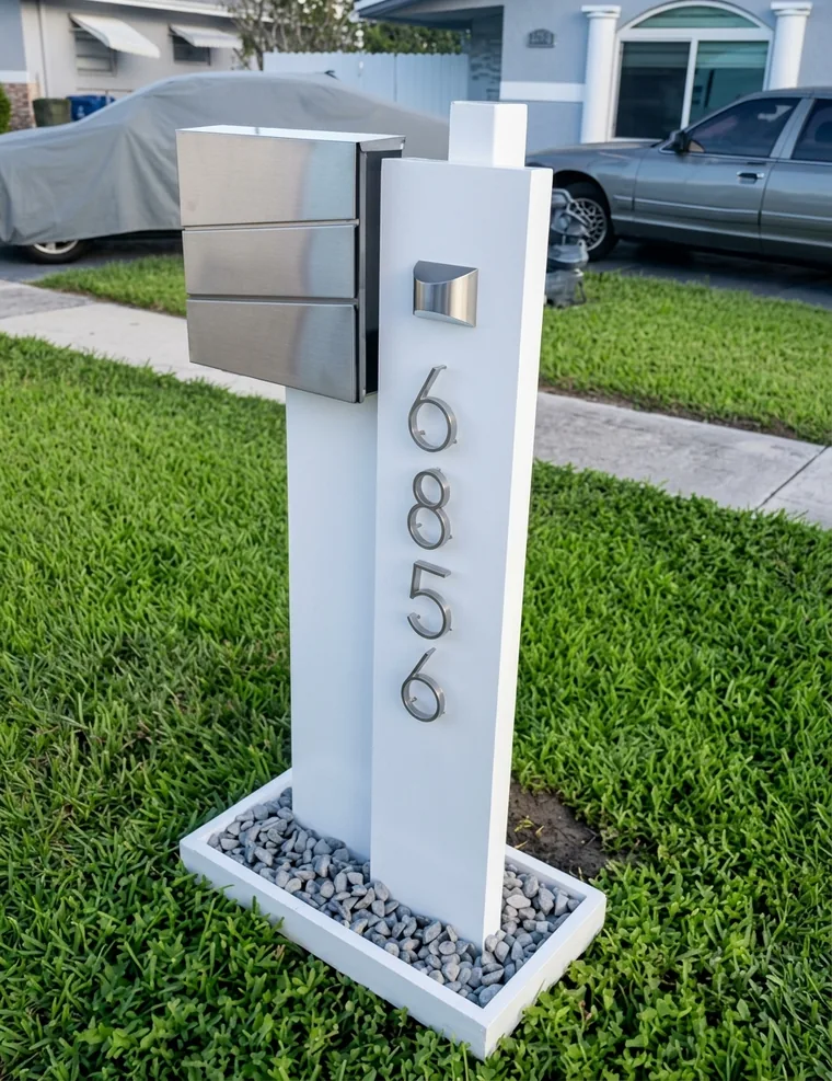 Pedestal blanco con buzón de acero inoxidable y número 6856