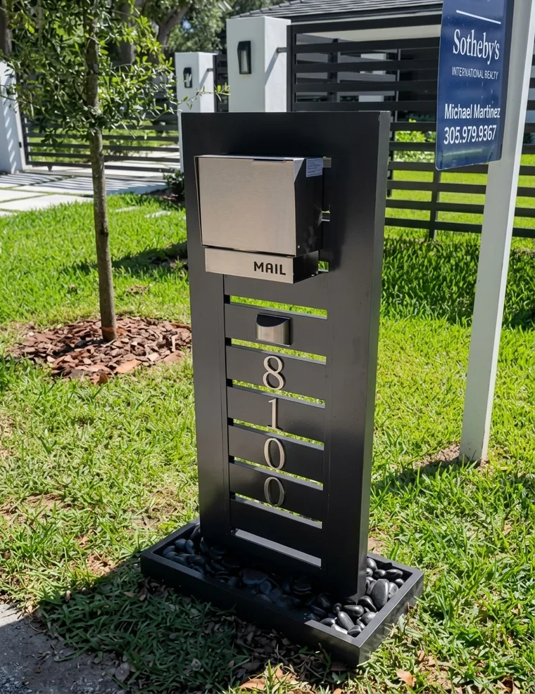 Pedestal negro con buzón de acero inoxidable y numeración iluminada