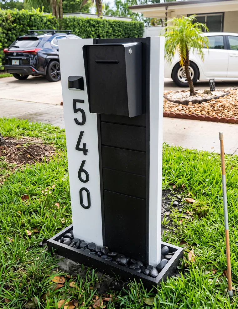 Buzón negro sobre pedestal blanco con número 5460 y base de piedra