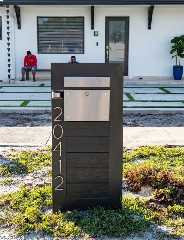 Pedestal negro de lamas con buzón de acero inoxidable y número 20412