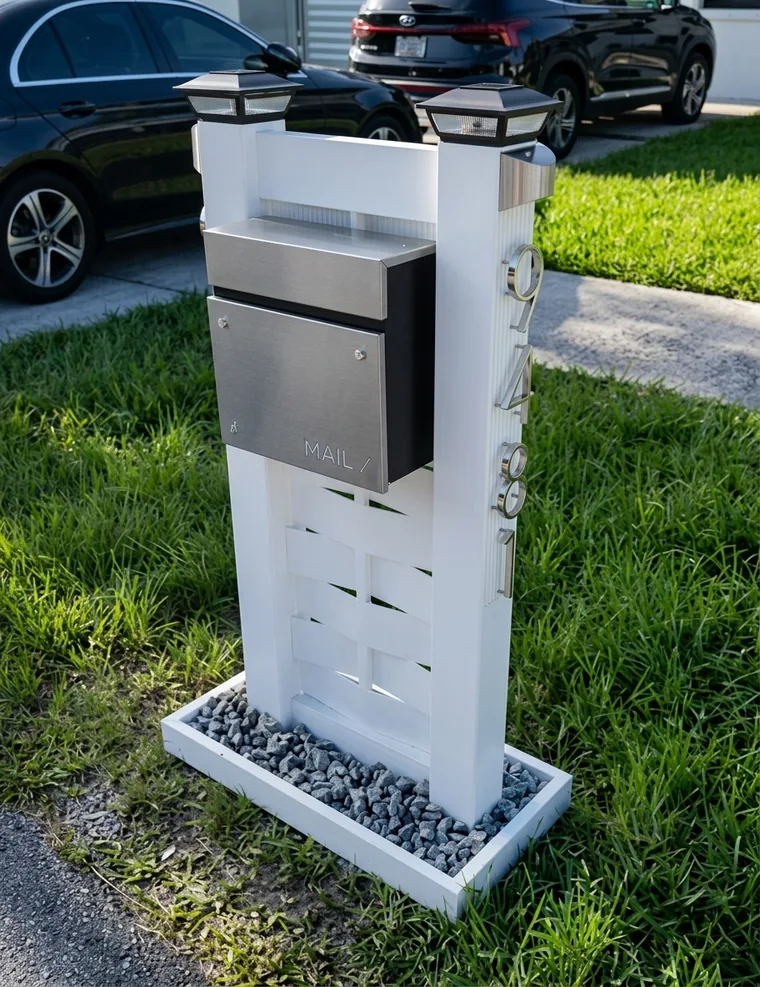 Pedestal blanco calado con buzón de acero inoxidable y luces solares