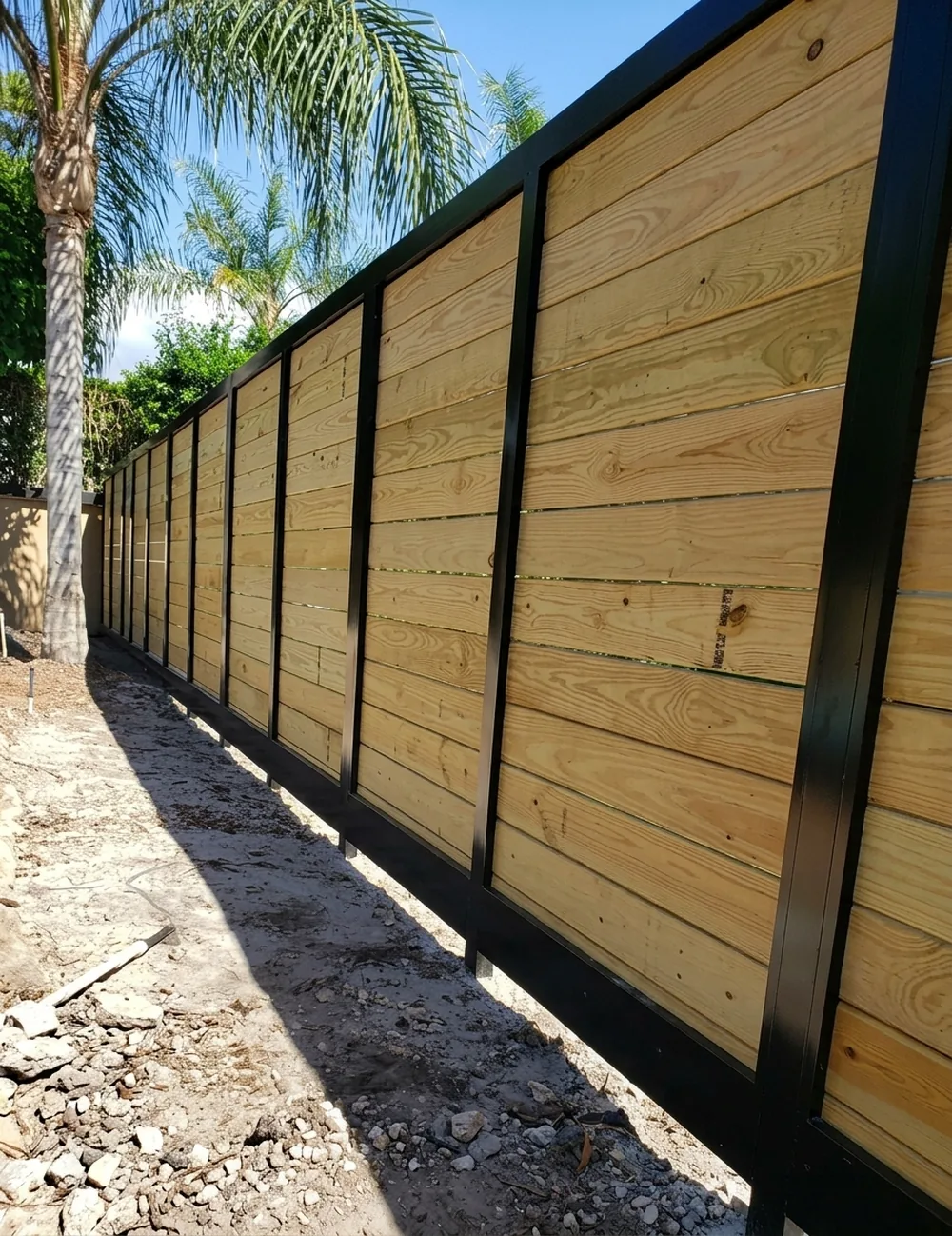 Cerca de listón de madera con postes y marco de aluminio negro