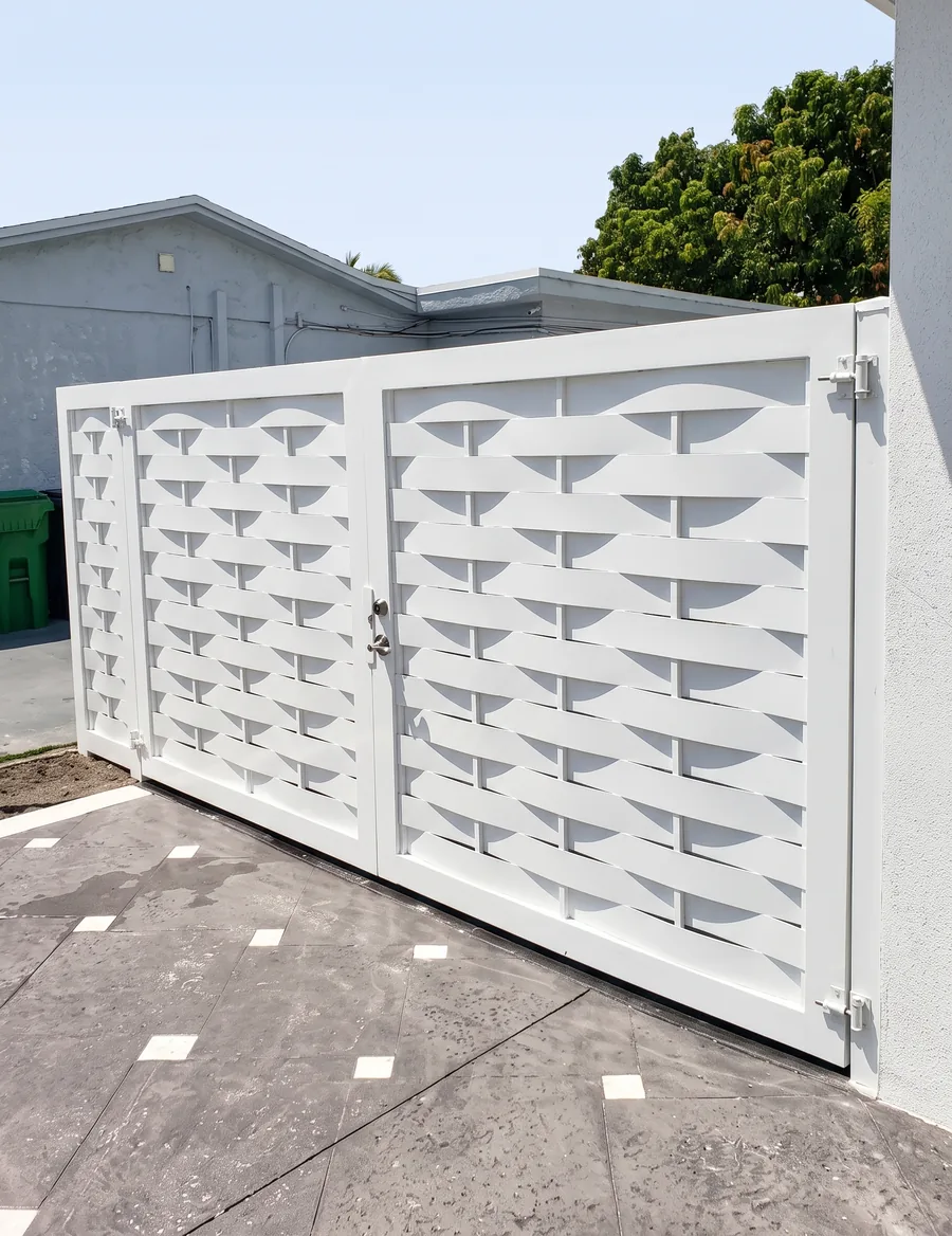 Portón blanco de diseño geométrico calado en aluminio