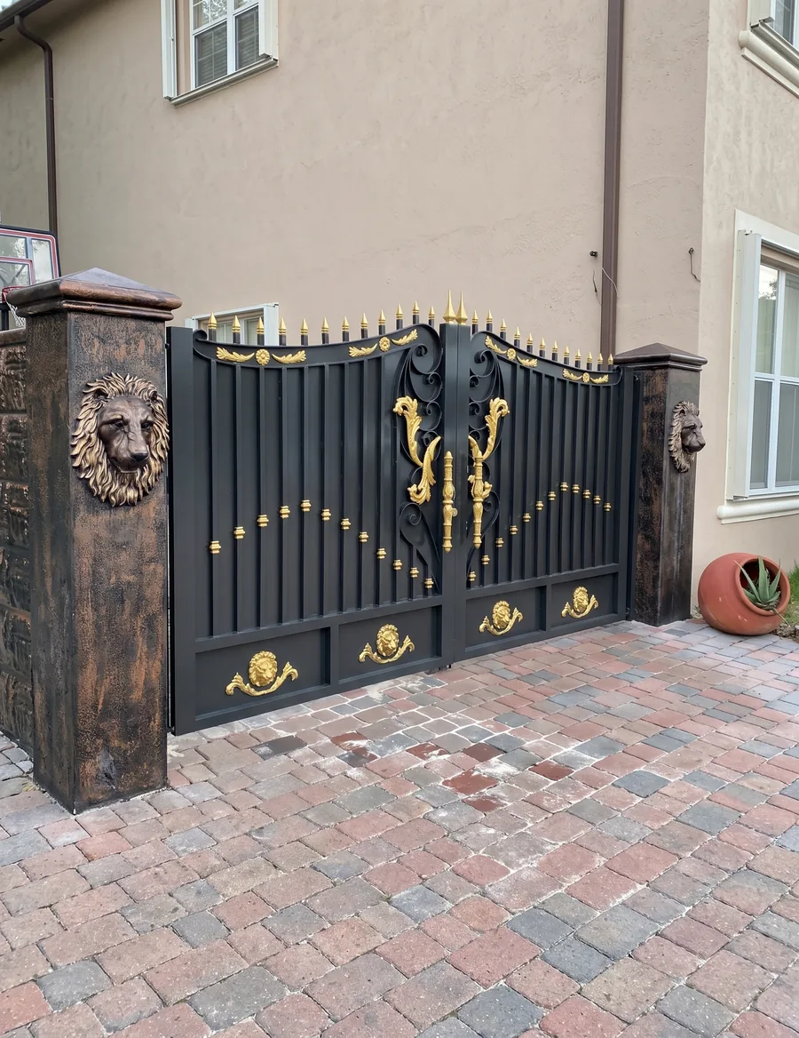 Portón de hierro ornamental negro con detalles dorados y columnas con cabezas de león