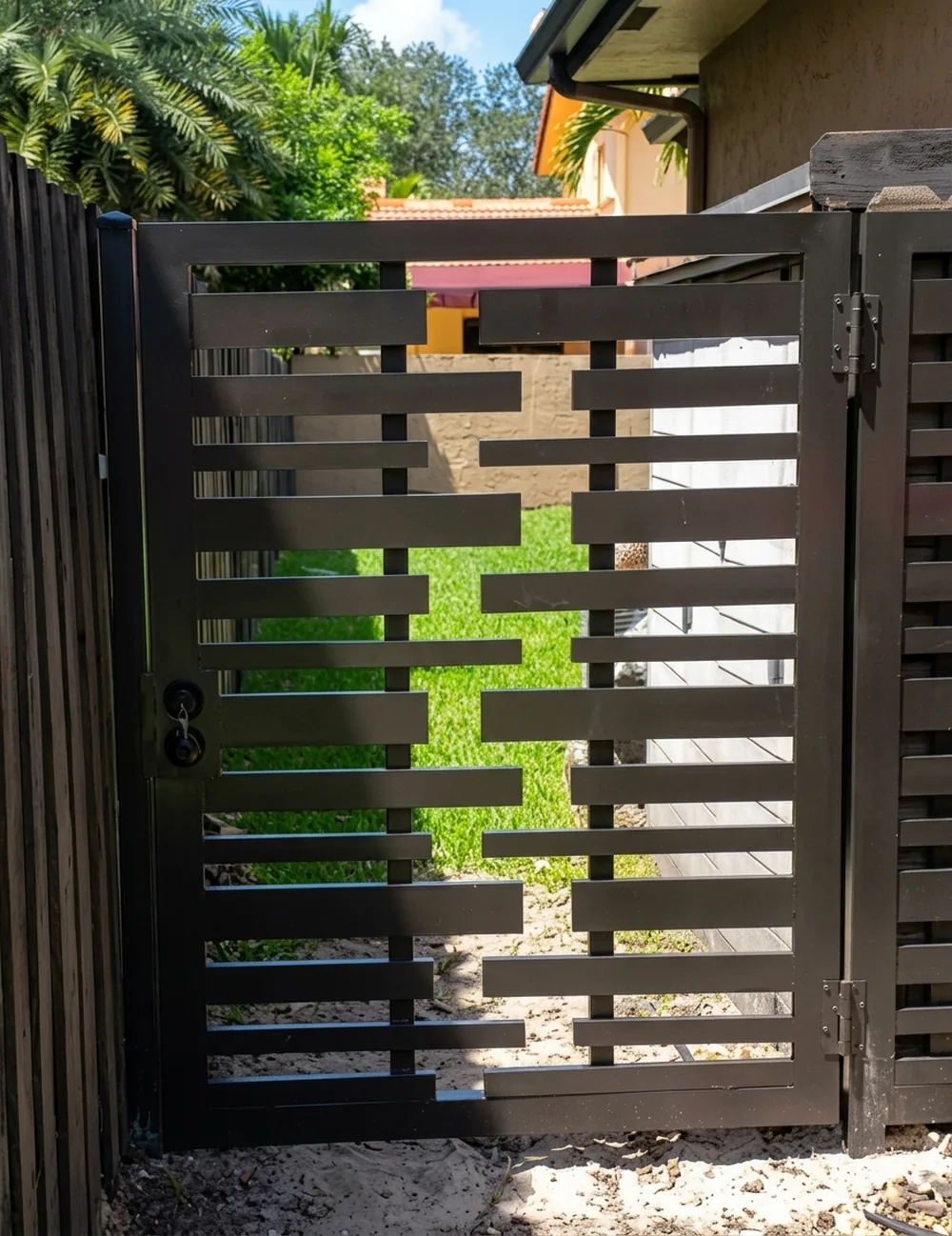 Puerta de diseño de lamas escalonadas en negro junto a la cerca del patio