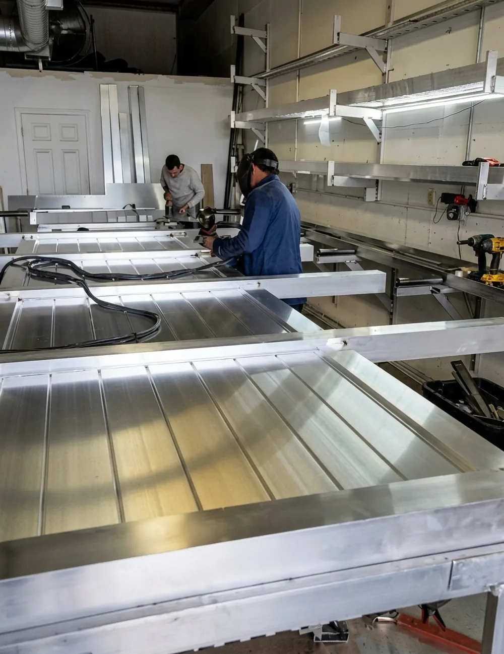 Paneles de aluminio alineados en el taller durante el proceso de armado